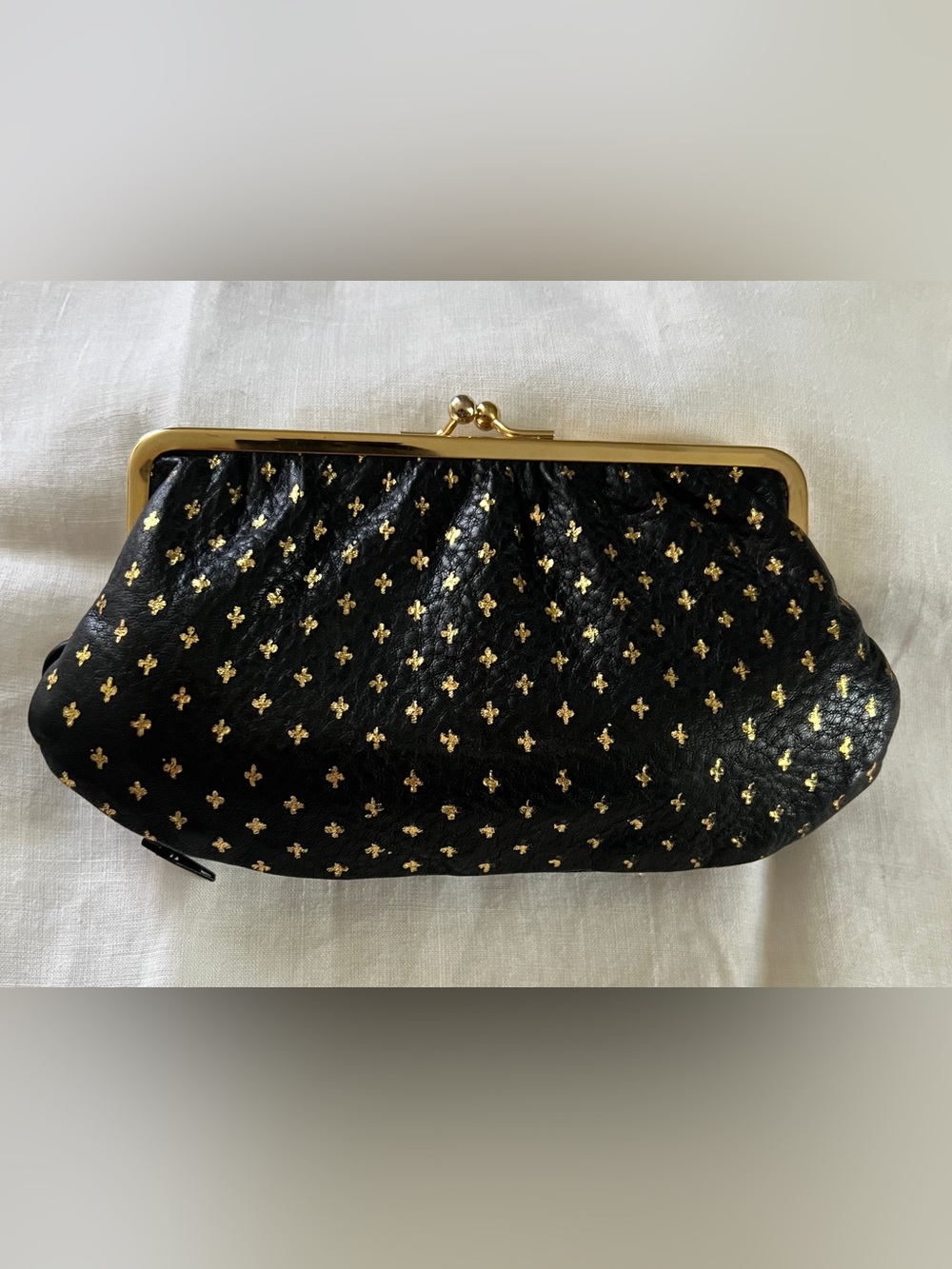 VTG Italian Leather Double Frame Kiss Lock Pouch Gold Fleur De Lis